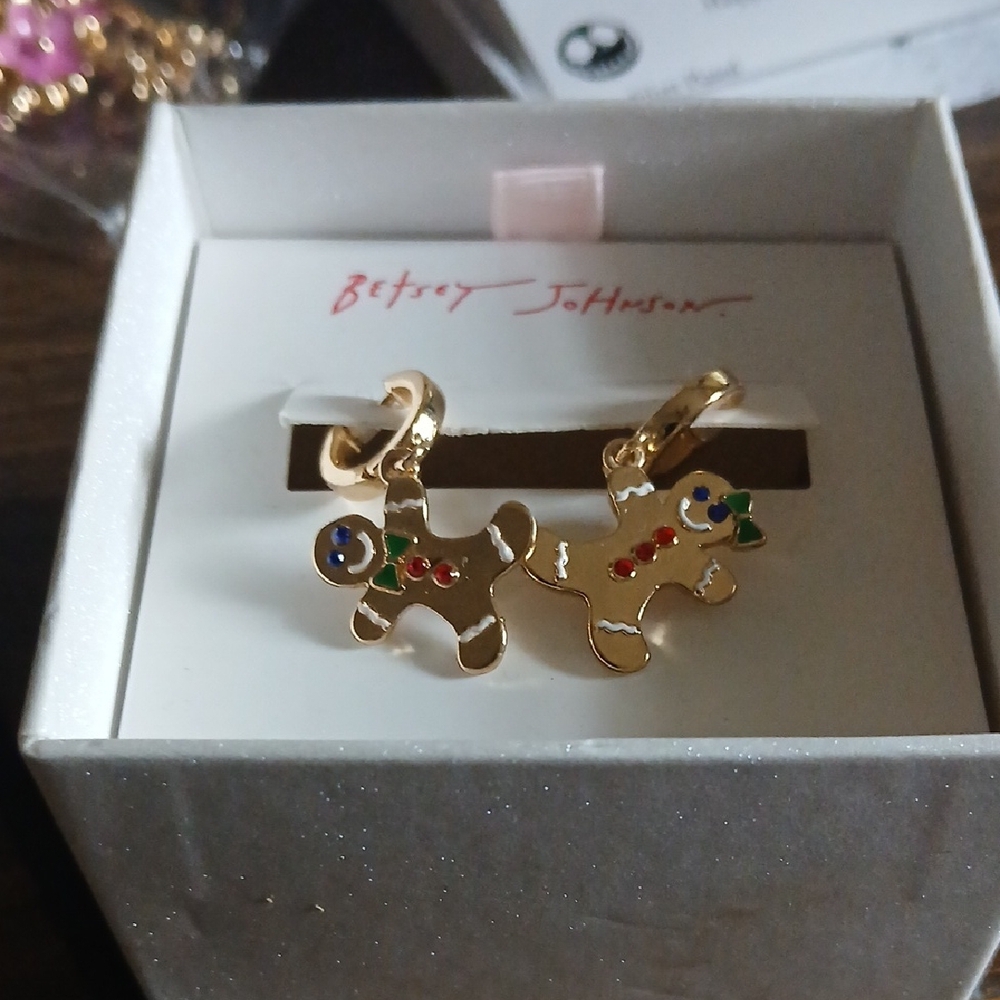 Betsey Johnson Gold Gingerbread Earrings with Colorful Accents No Box Top